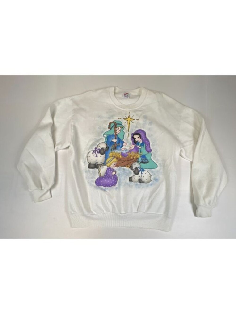 Vintage Jerzees Nativity Graphic Sweatshirt Mens Large White Made In USA